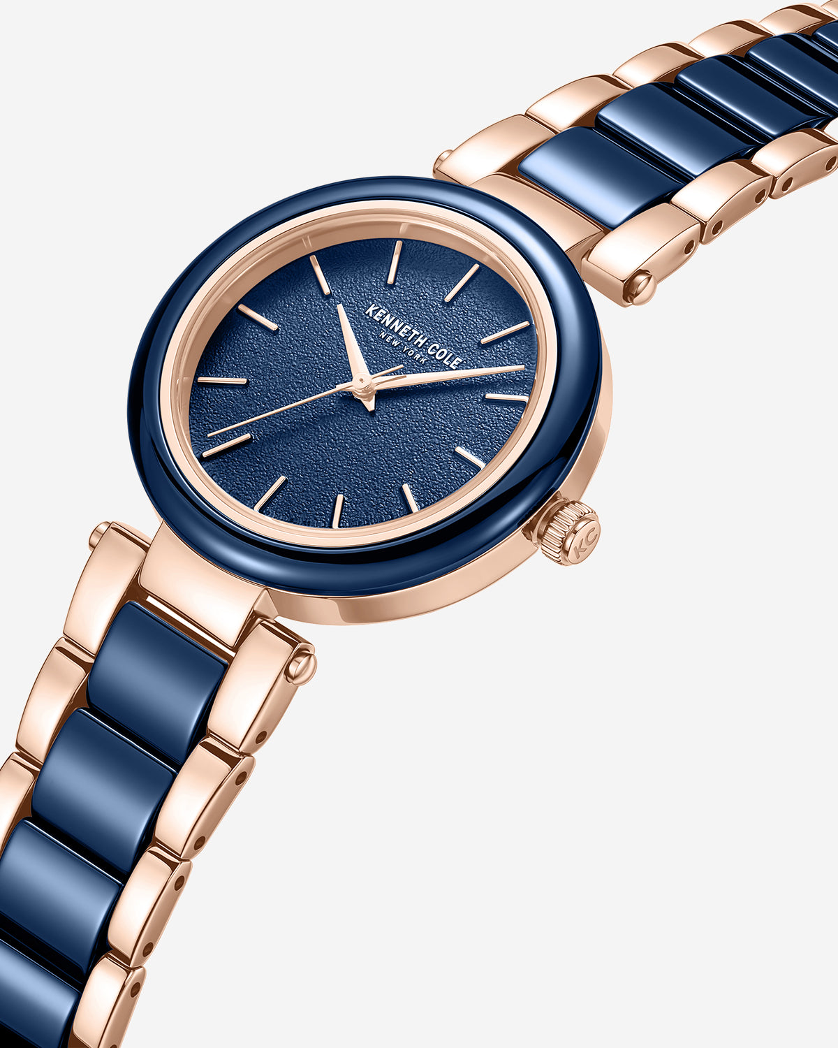 Two-Tone Classic Ceramic Bracelet Watch Blue / Rose Gold