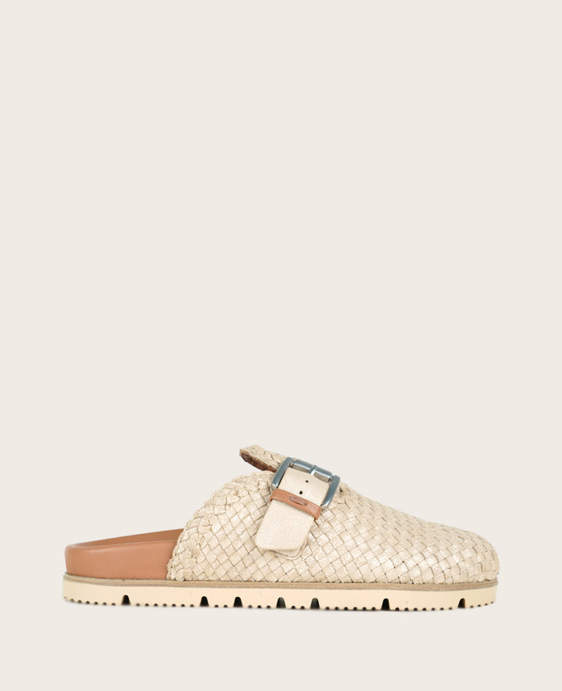 GENTLE SOULS - Brantley Buckle Woven Leather Mule Sand Woven Leather