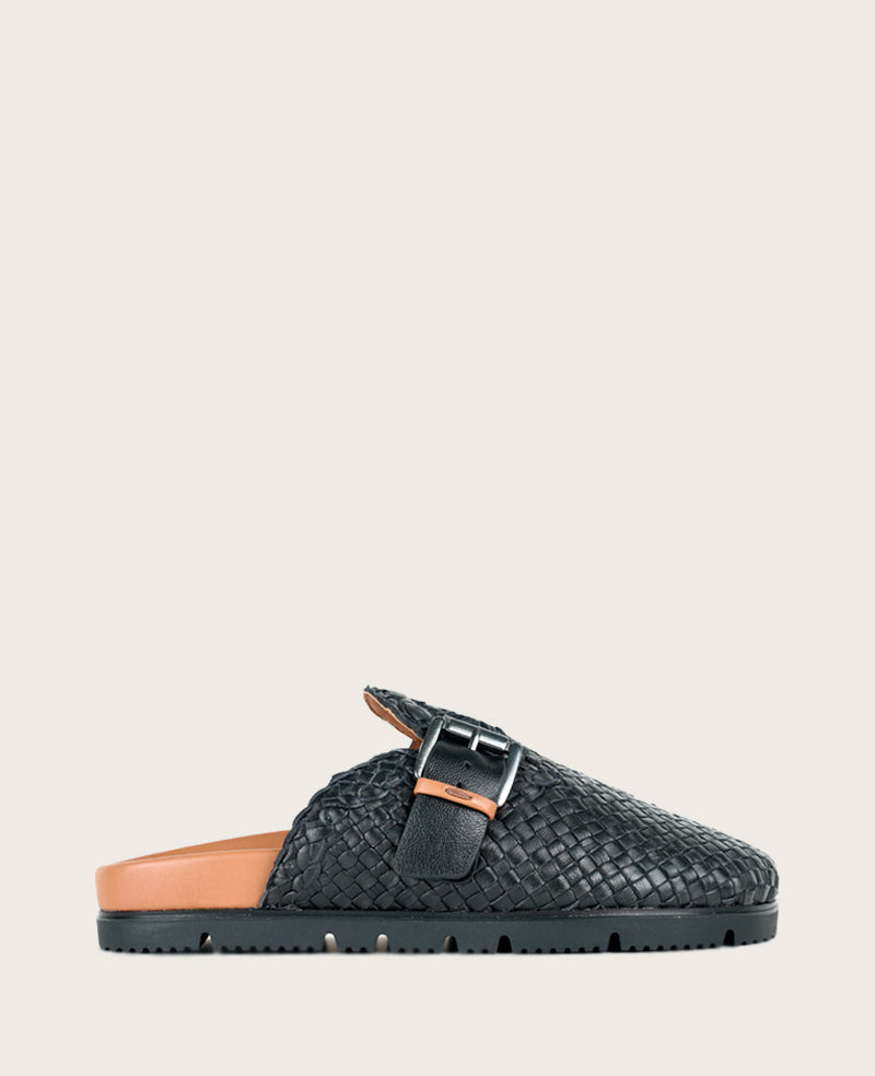 GENTLE SOULS - Brantley Buckle Woven Leather Mule Black Woven Leather