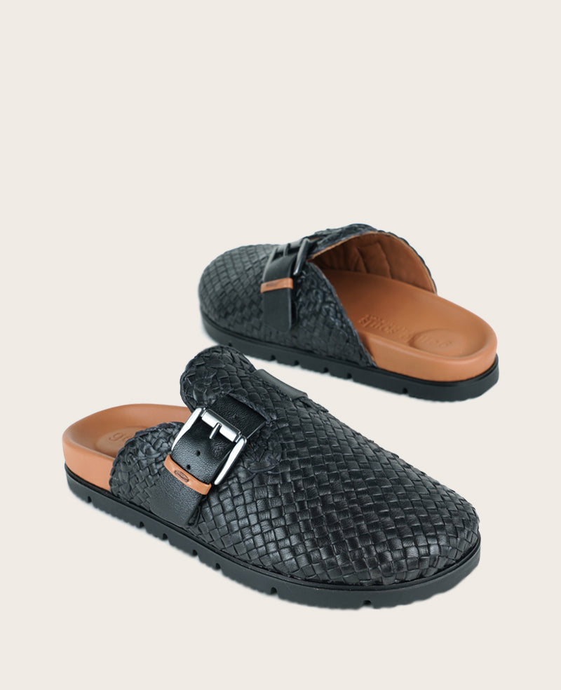 GENTLE SOULS - Brantley Buckle Woven Leather Mule Black Woven Leather