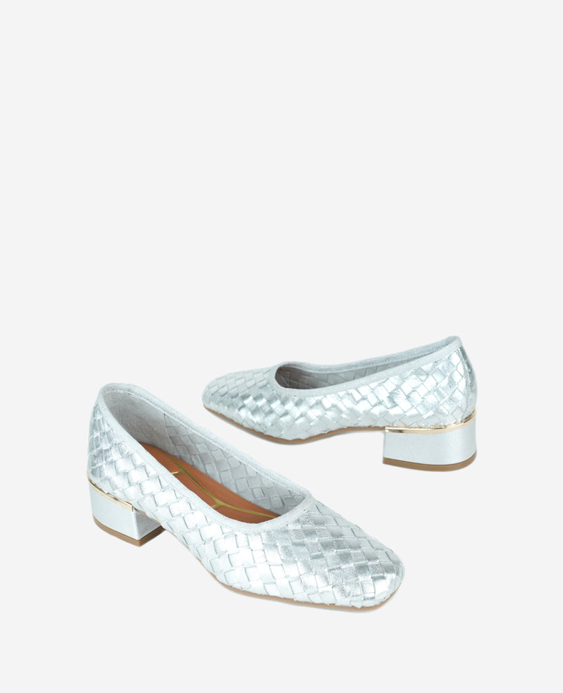 Birdie Woven Metallic Leather Pump Silver Woven Leather