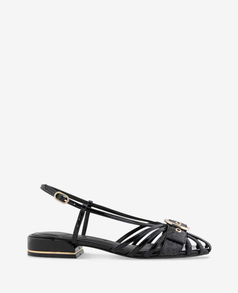 Farrah Patent Caged In Buckle Sandal Black Patent