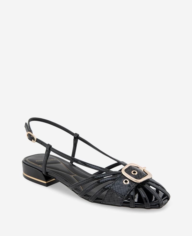 Farrah Patent Caged In Buckle Sandal Black Patent