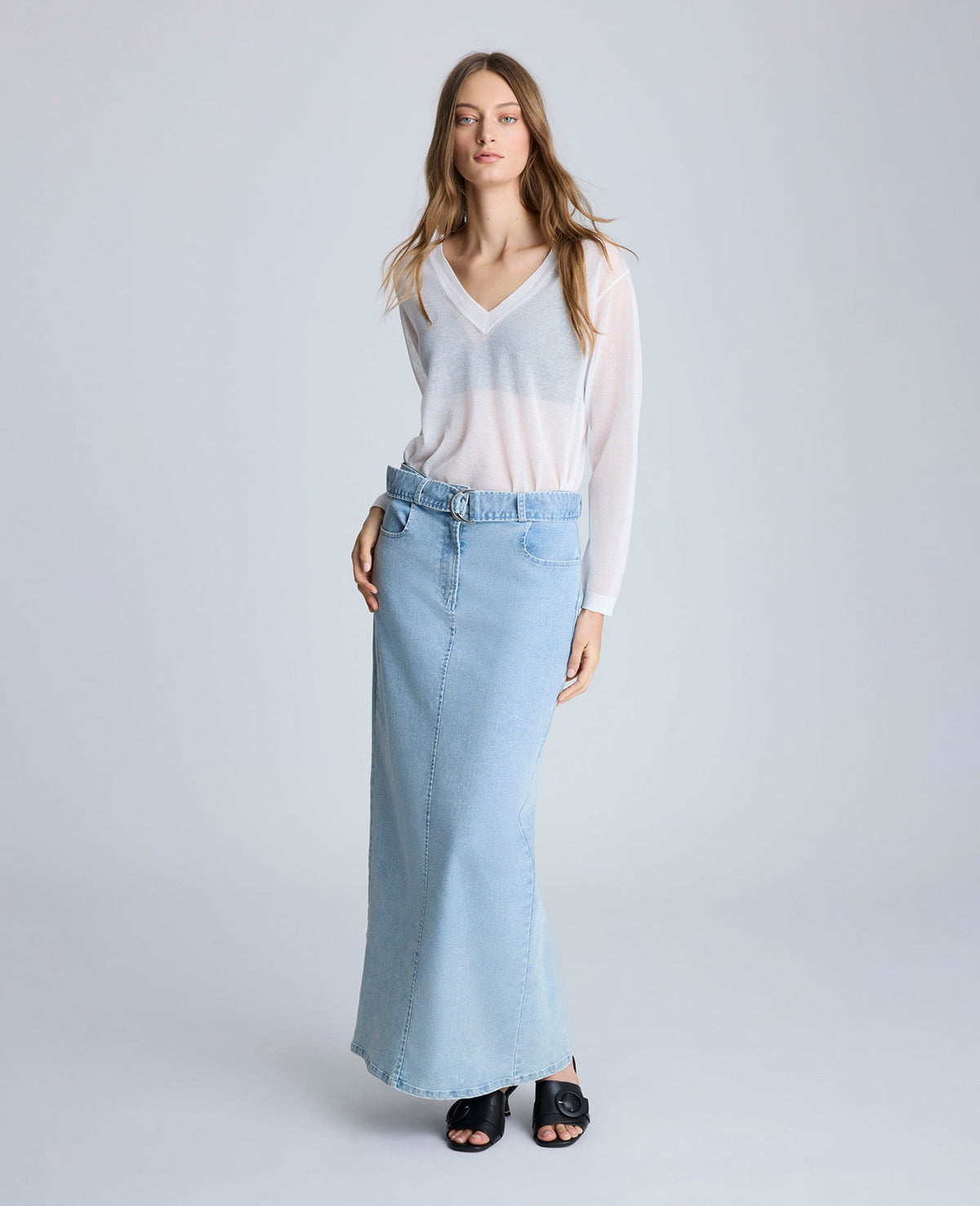 Fly Front Belted Maxi Skirt Nu Wash