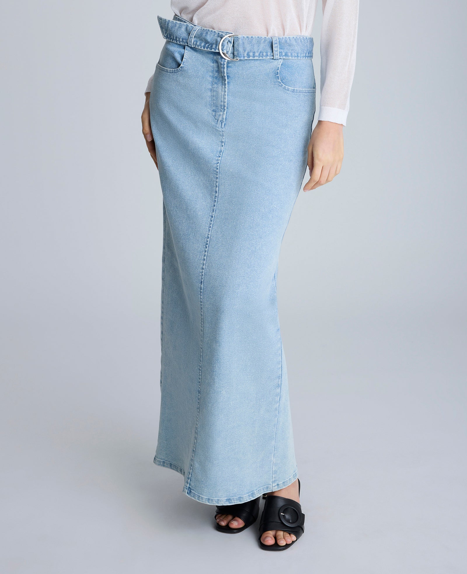 Fly Front Belted Maxi Skirt Nu Wash