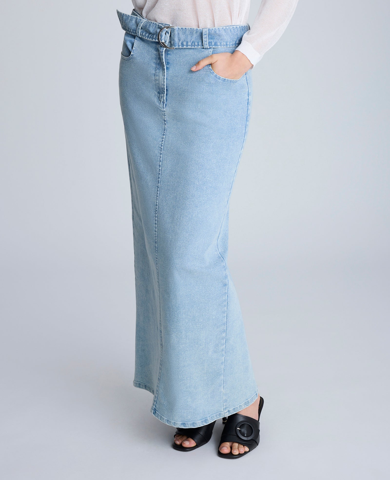 Fly Front Belted Maxi Skirt Nu Wash