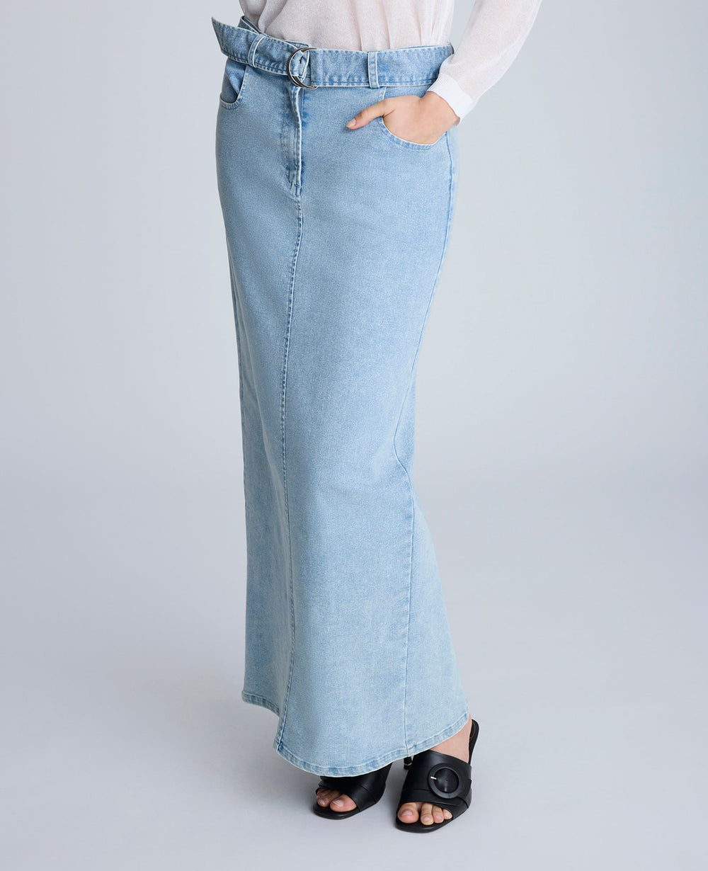 Fly Front Belted Maxi Skirt Nu Wash