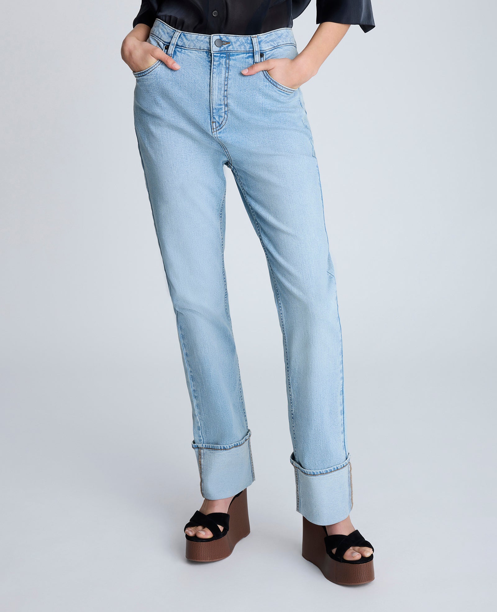 High Rise Straight Leg Wide Cuff Denim Jean Nu Wash