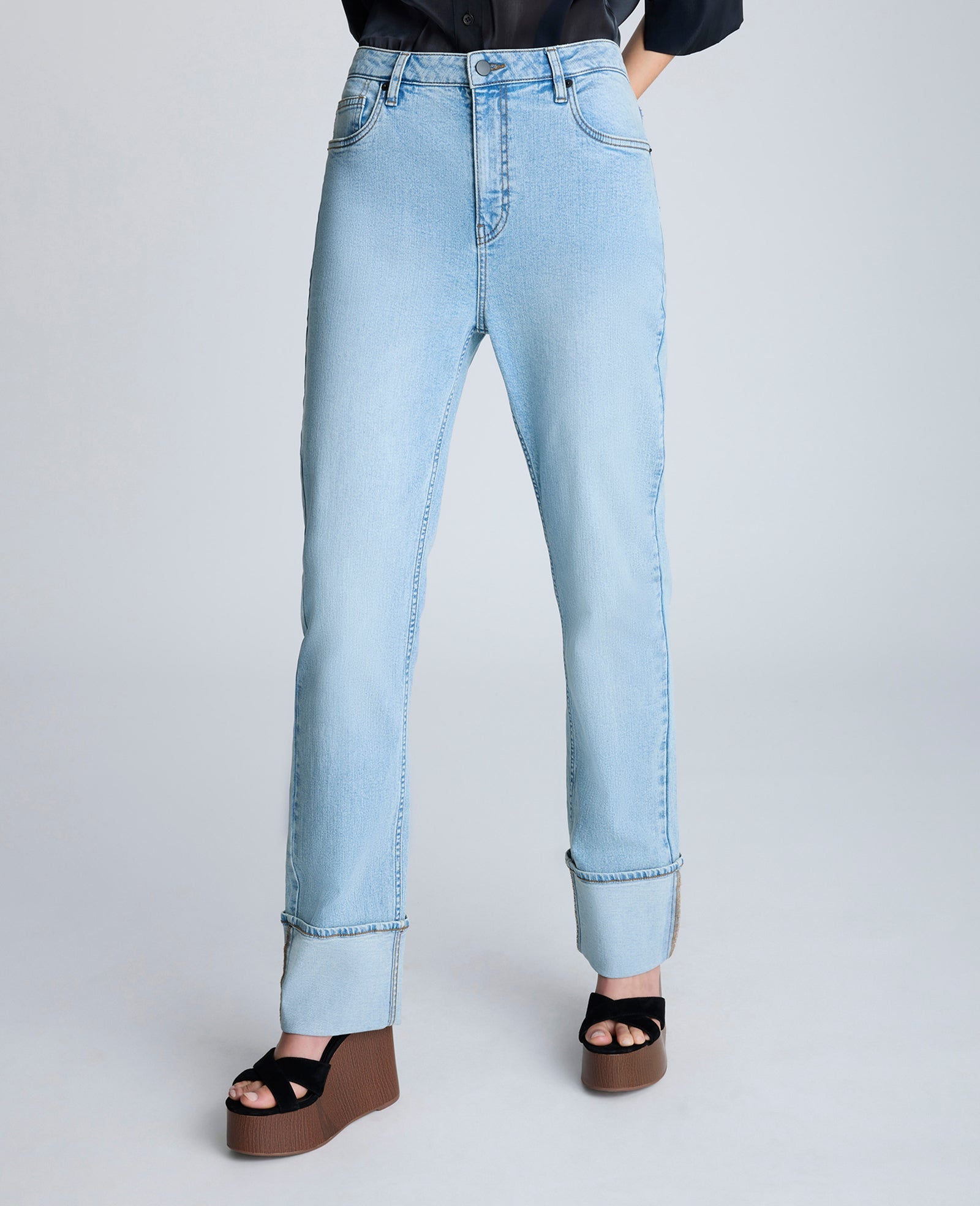 High Rise Straight Leg Wide Cuff Denim Jean Nu Wash