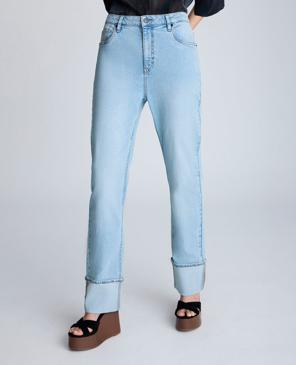 High Rise Straight Leg Wide Cuff Denim Jean Nu Wash
