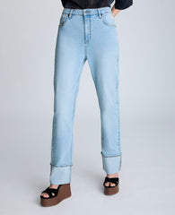 High Rise Straight Leg Wide Cuff Denim Jean Nu Wash