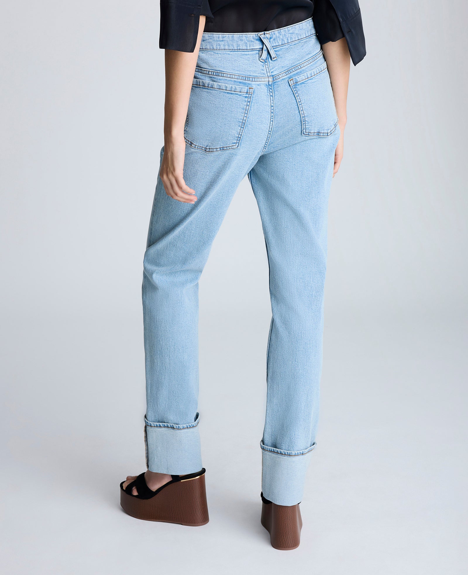 High Rise Straight Leg Wide Cuff Denim Jean Nu Wash