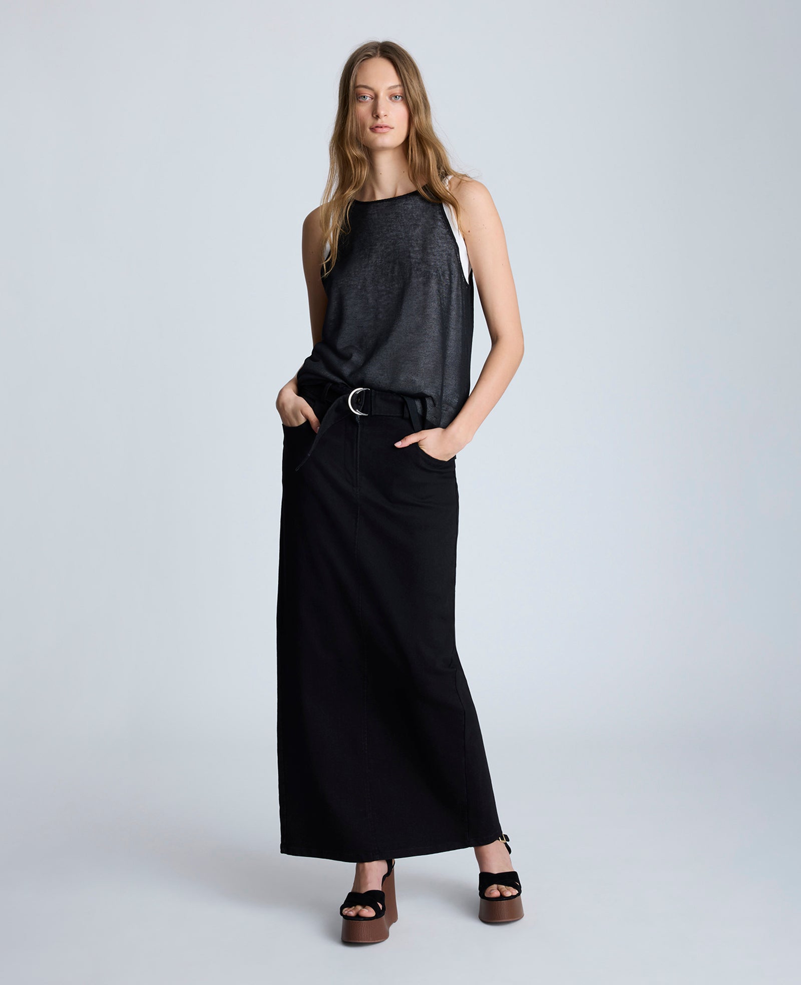 Fly Front Belted Maxi Skirt Nik Wash