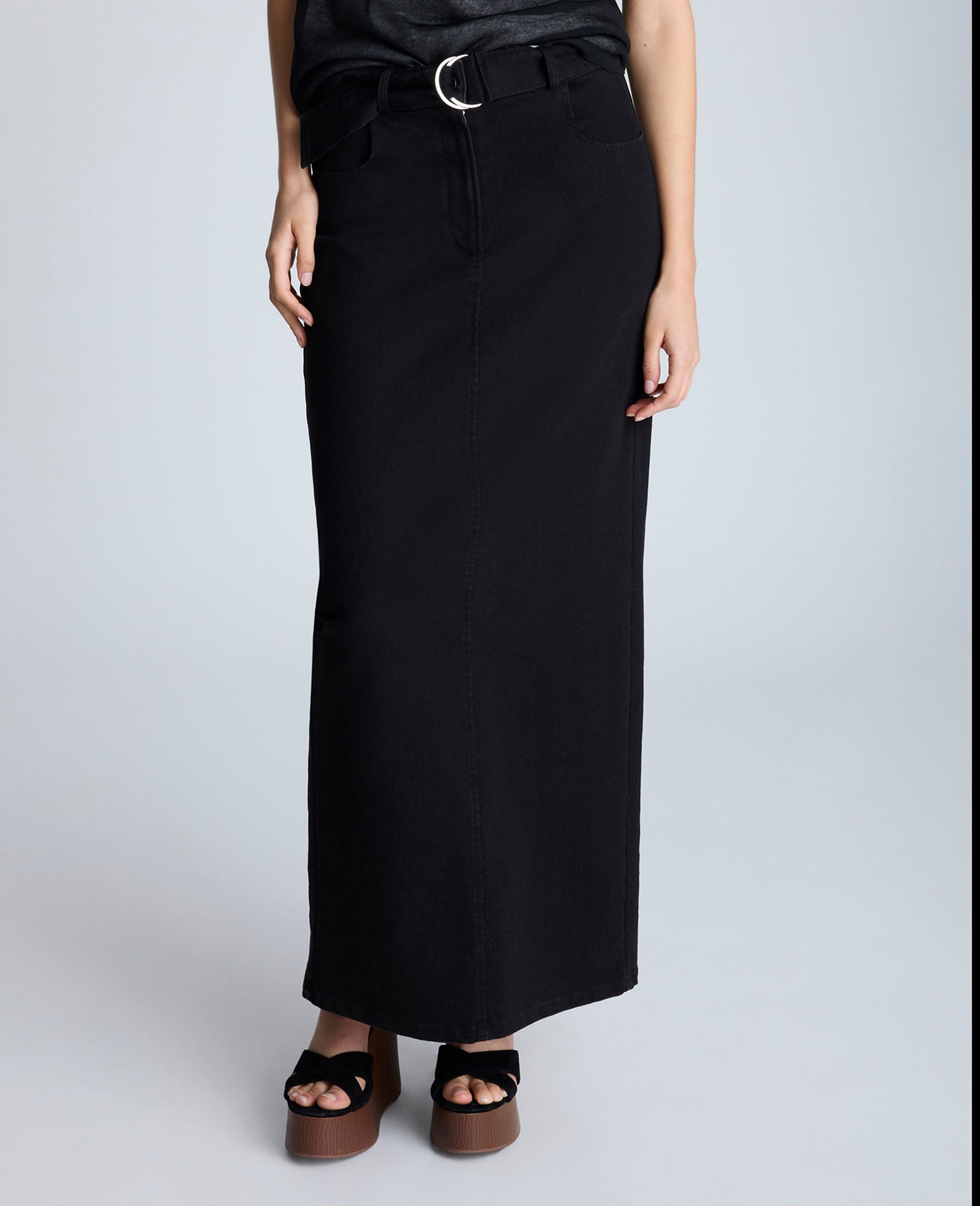 Fly Front Belted Maxi Skirt Nik Wash