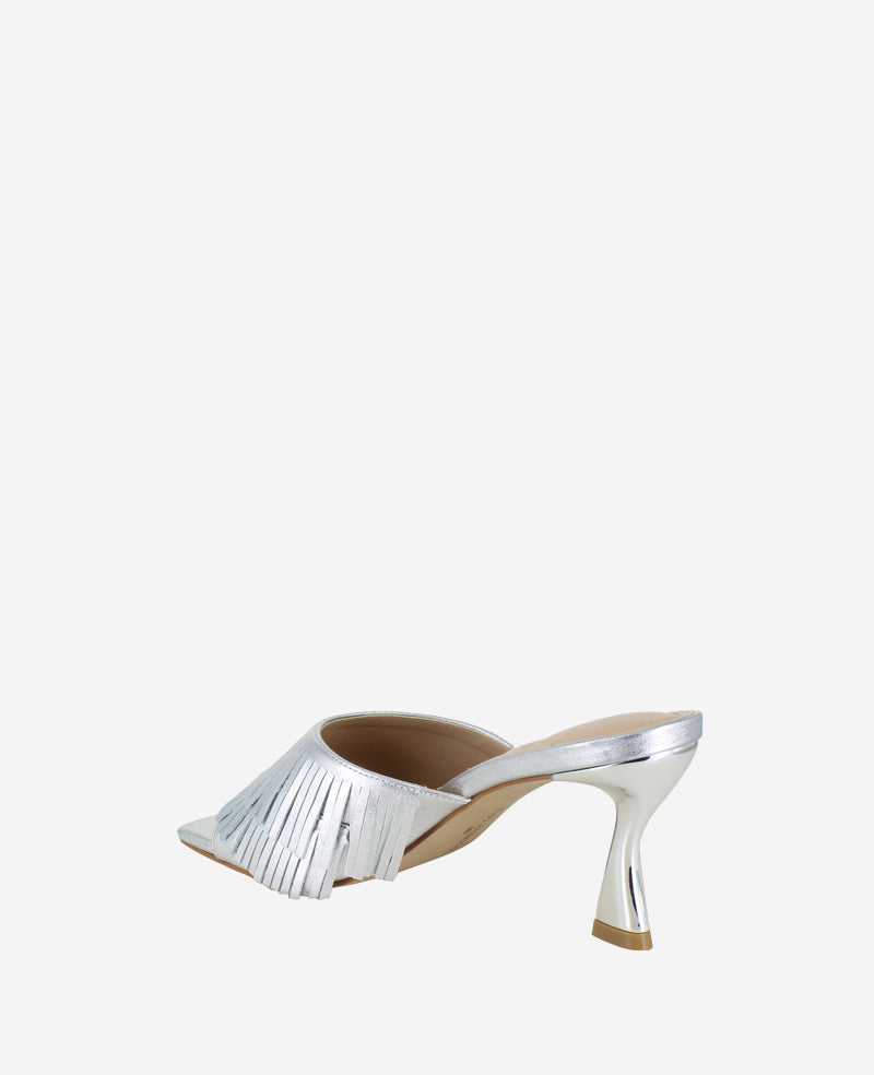 Darby Metallic Fringe Heel Silver Leather