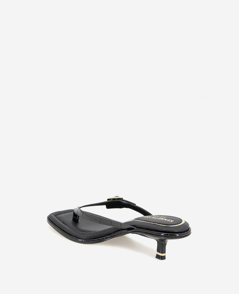 Gillie Embossed Croco Kitten Heel Buckle Sandal Black Croco