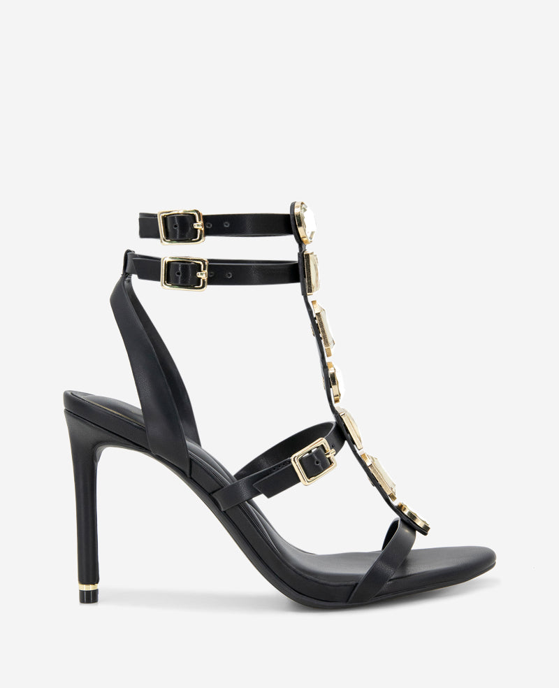 Lilath Jewel Leather Strap Heel Black