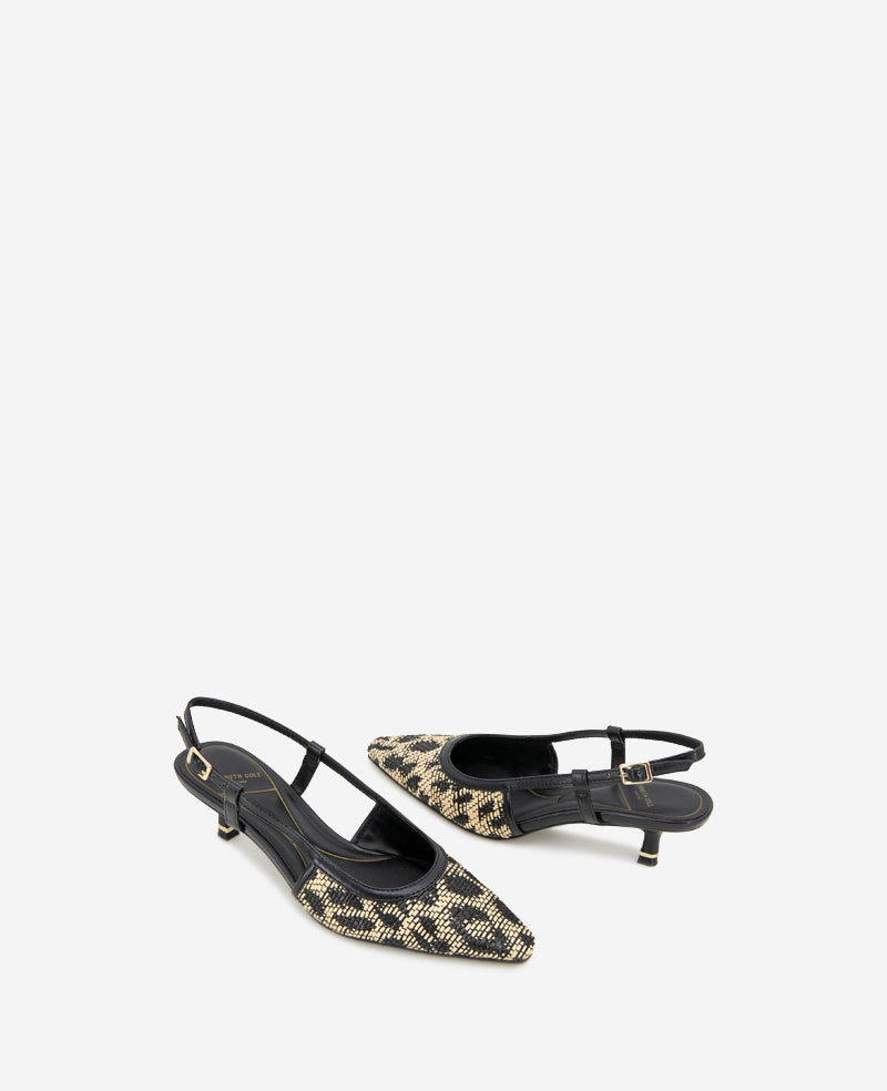 Martha Leopard Raffia Kitten Heel Slingback Natural/Black Raffia