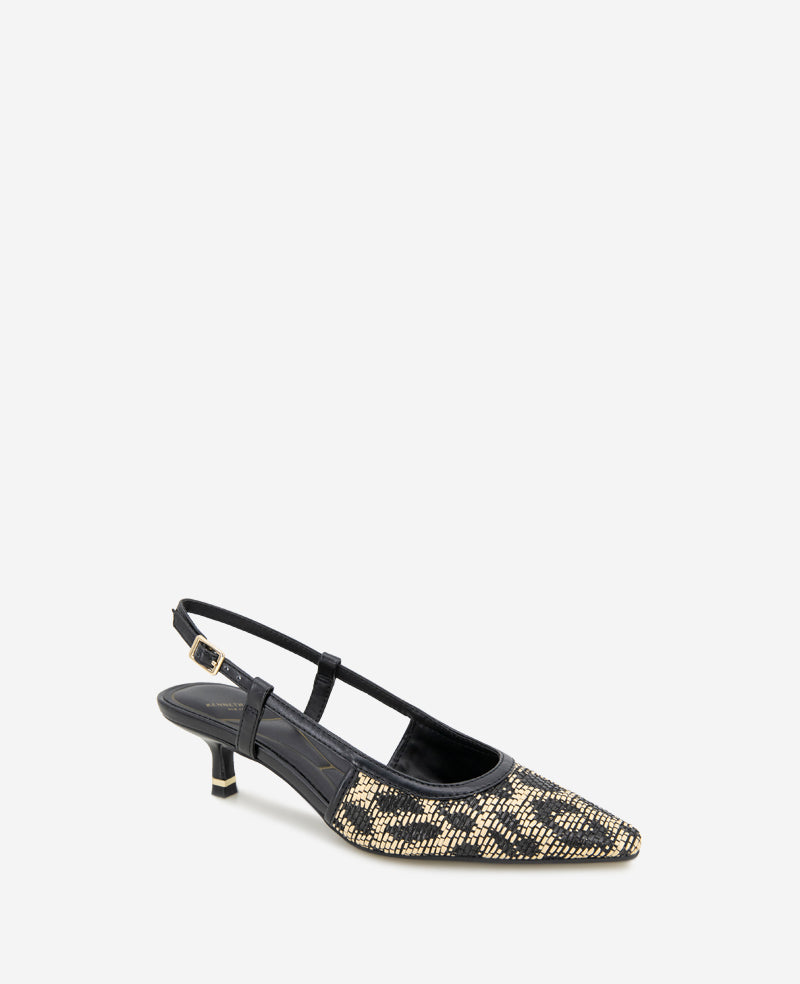 Martha Leopard Raffia Kitten Heel Slingback Natural/Black Raffia