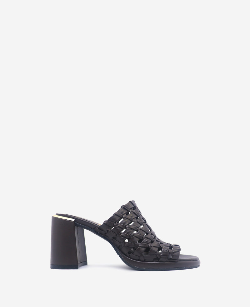 Solara Leather Woven Heel Sandal Dark Brown Leather