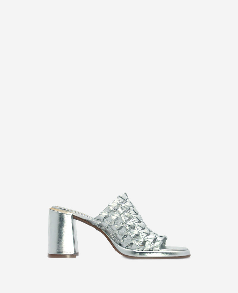 Solara Metallic Leather Woven Heel Sandal Silver Leather