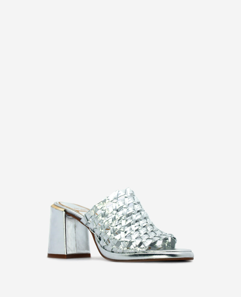 Solara Metallic Leather Woven Heel Sandal Silver Leather