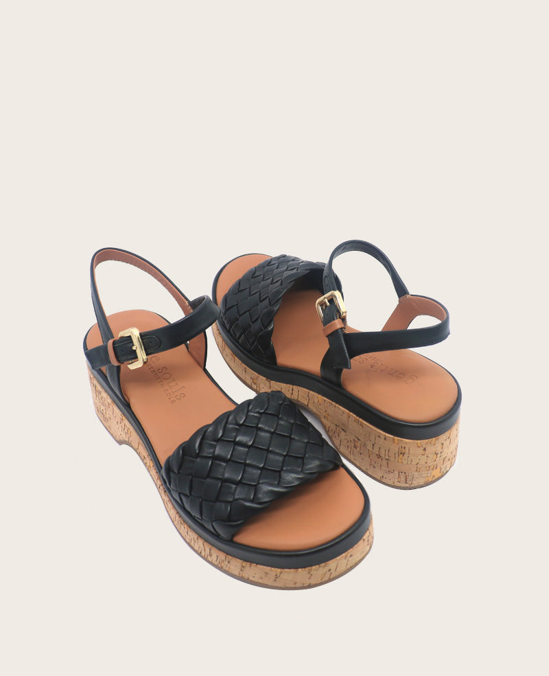 GENTLE SOULS - Dorris Woven Leather Cork Platform Sandal Black Leather