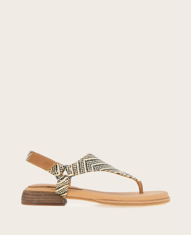 GENTLE SOULS - Holly Raffia Ankle Strap Thong Black/Tan Raffia