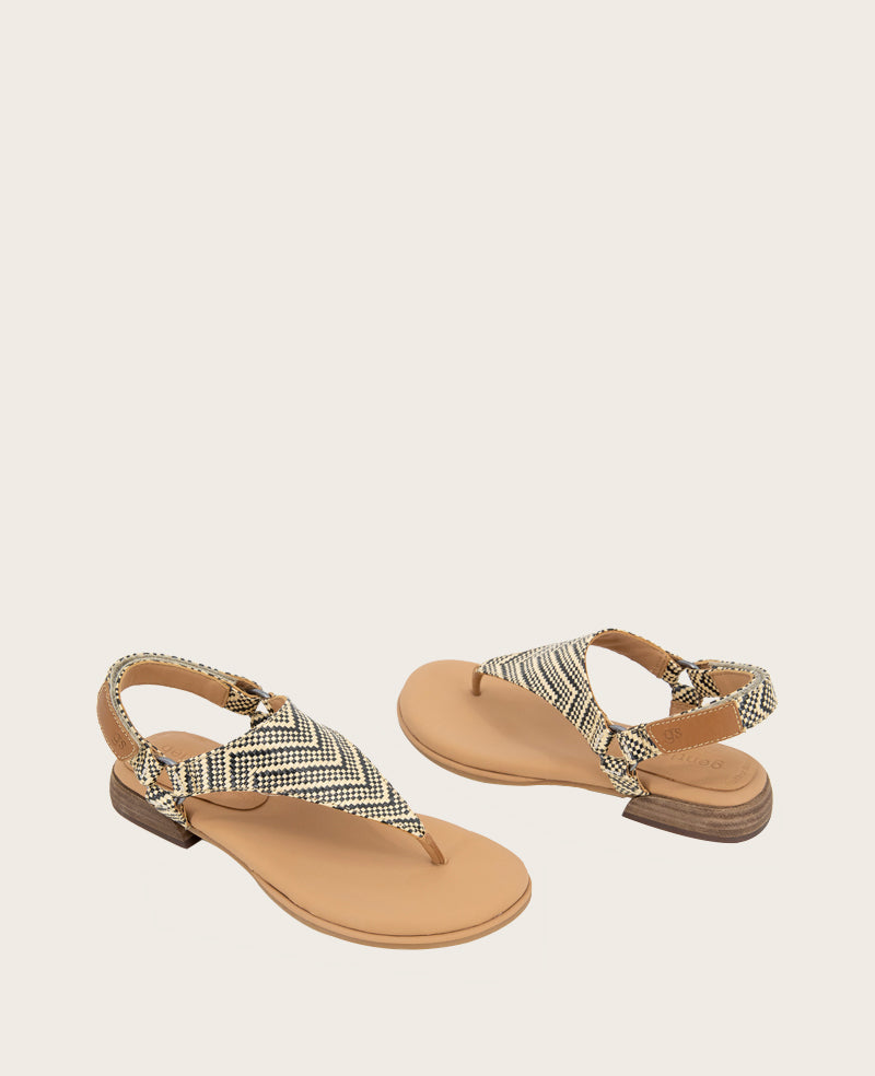 GENTLE SOULS - Holly Raffia Ankle Strap Thong Black/Tan Raffia