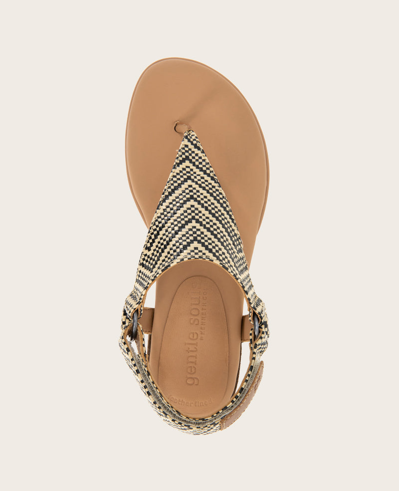 GENTLE SOULS - Holly Raffia Ankle Strap Thong Black/Tan Raffia