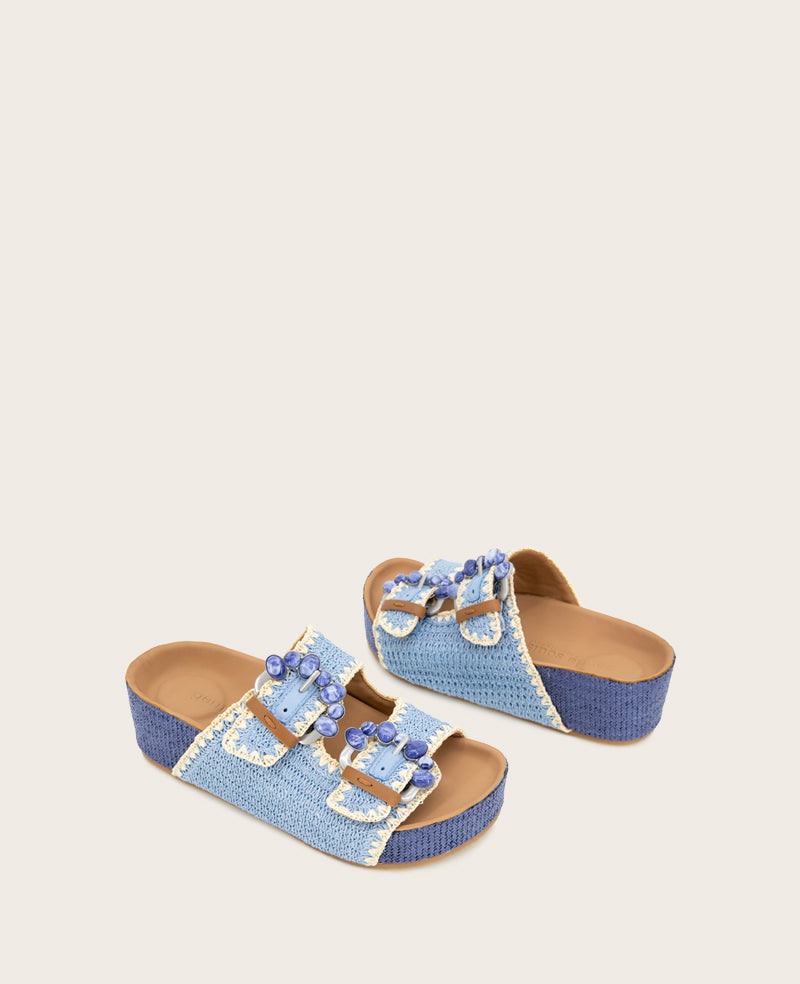 GENTLE SOULS - Kendall Raffia Wrap Buckle Wedge Light Blue Raffia