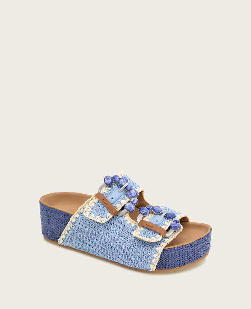 GENTLE SOULS - Kendall Raffia Wrap Buckle Wedge Light Blue Raffia