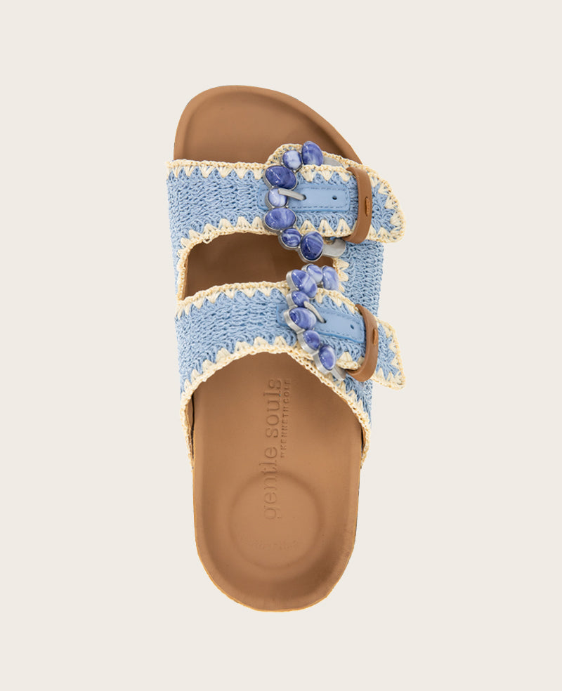 GENTLE SOULS - Kendall Raffia Wrap Buckle Wedge Light Blue Raffia