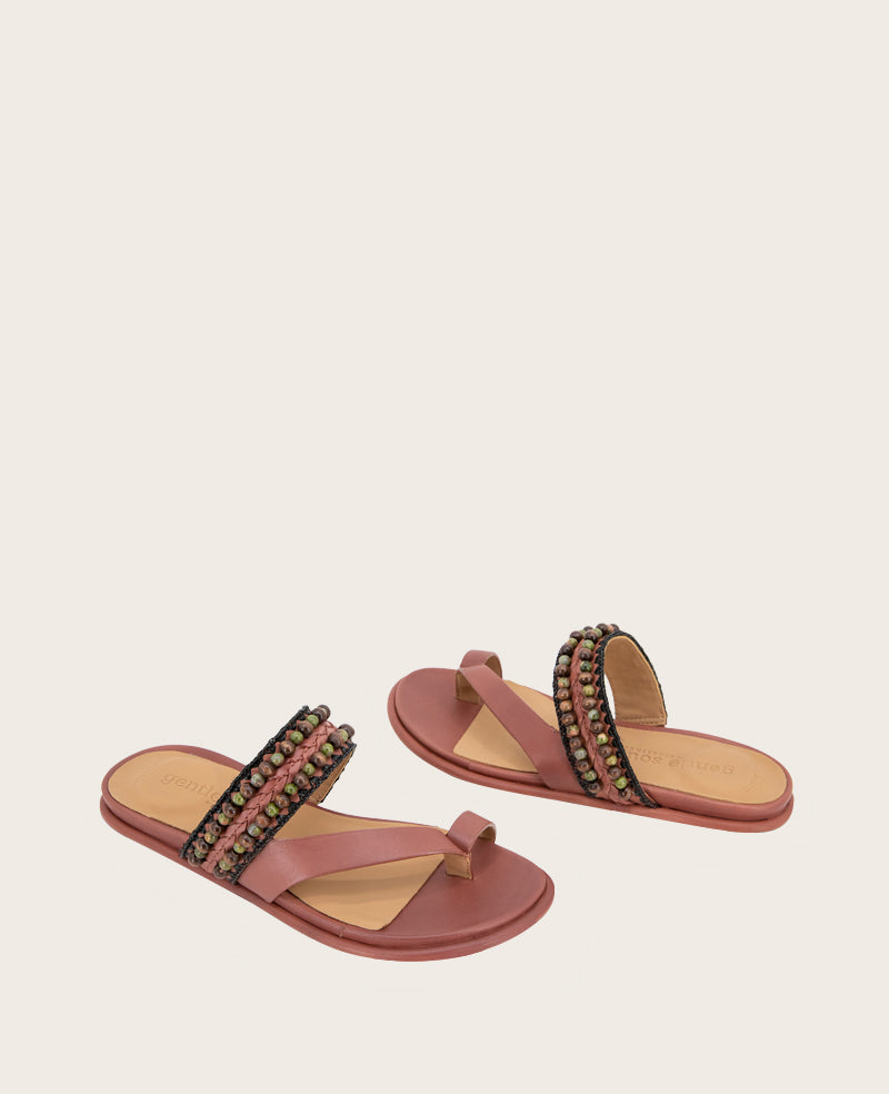 GENTLE SOULS - Lentini Leather Beaded Sandal Mahogany Leather