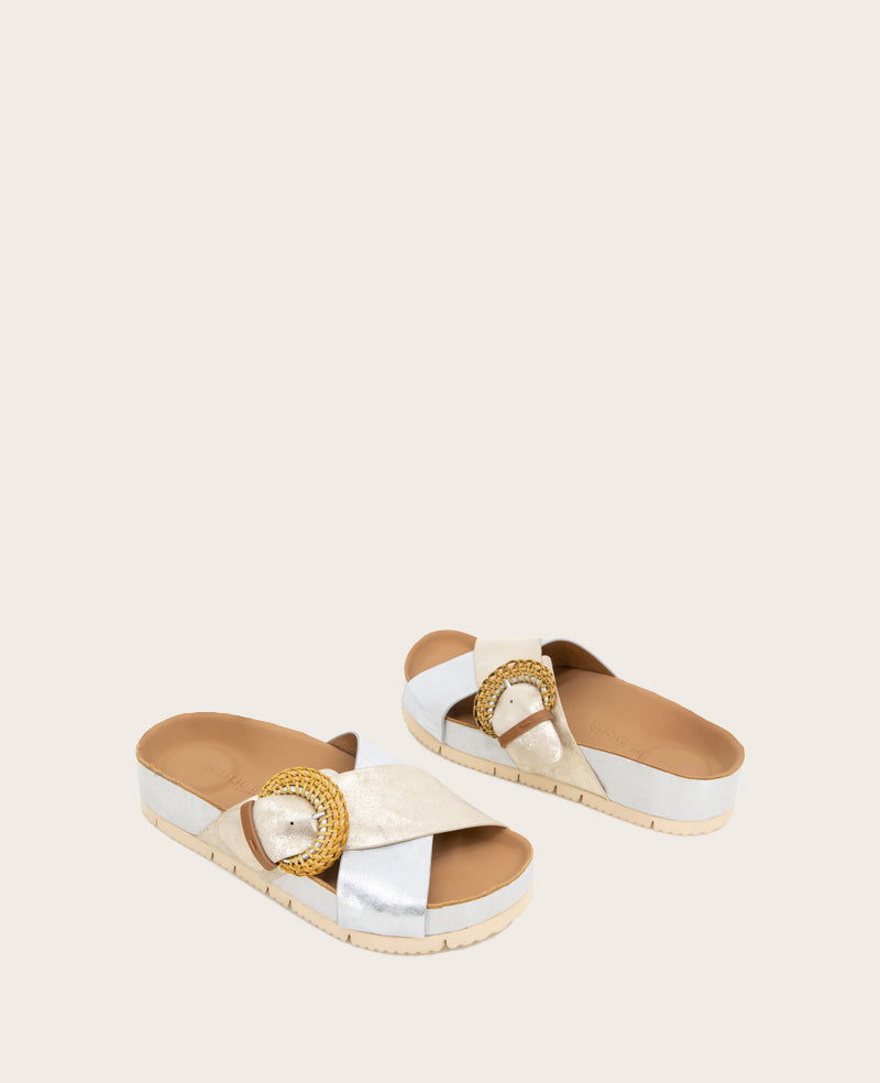 GENTLE SOULS - Louisa X Band Metallic Combo Platform Slip On Silver/Gold Leather