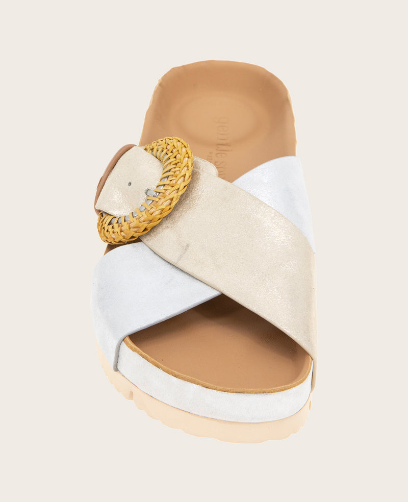 GENTLE SOULS - Louisa X Band Metallic Combo Platform Slip On Silver/Gold Leather