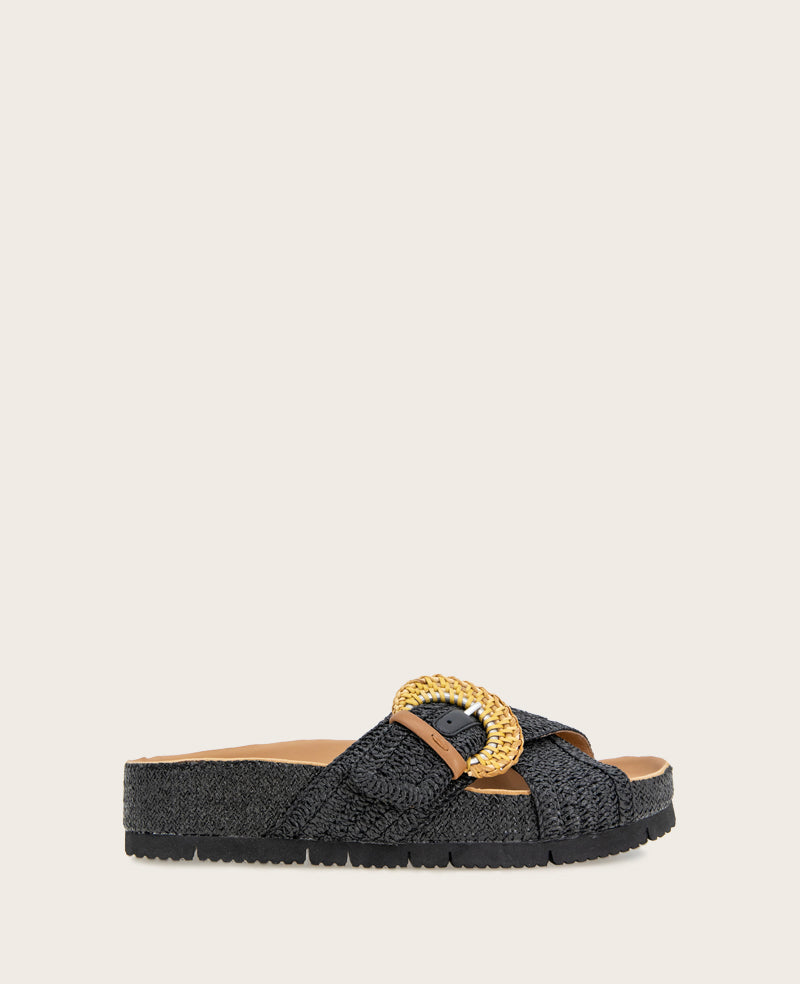 GENTLE SOULS - Louisa X Band Raffia Platform Slip On Black Raffia