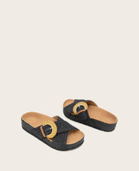 GENTLE SOULS - Louisa X Band Raffia Platform Slip On Black Raffia