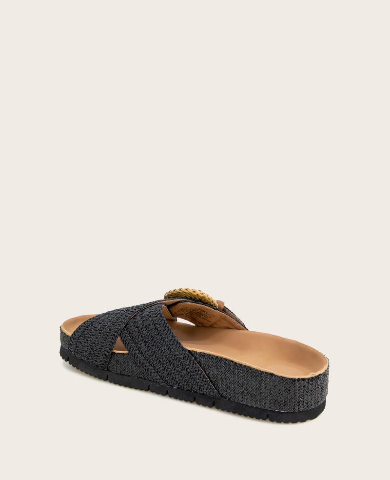 GENTLE SOULS - Louisa X Band Raffia Platform Slip On Black Raffia