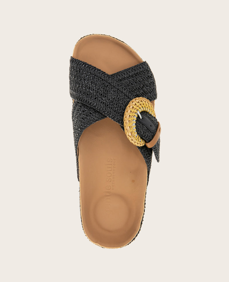 GENTLE SOULS - Louisa X Band Raffia Platform Slip On Black Raffia