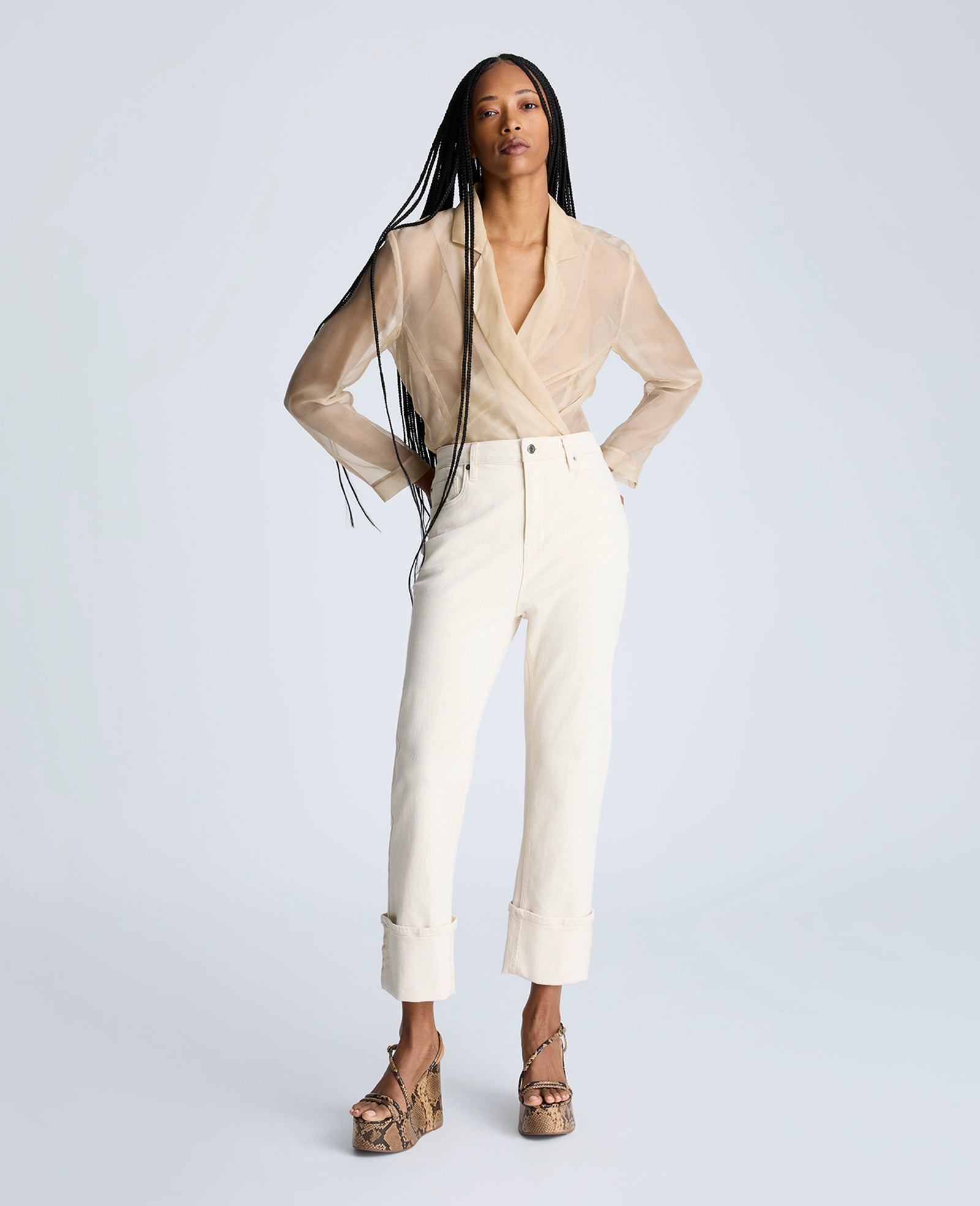 High Rise Straight Leg Wide Cuff Denim Jeans Ecru Wash