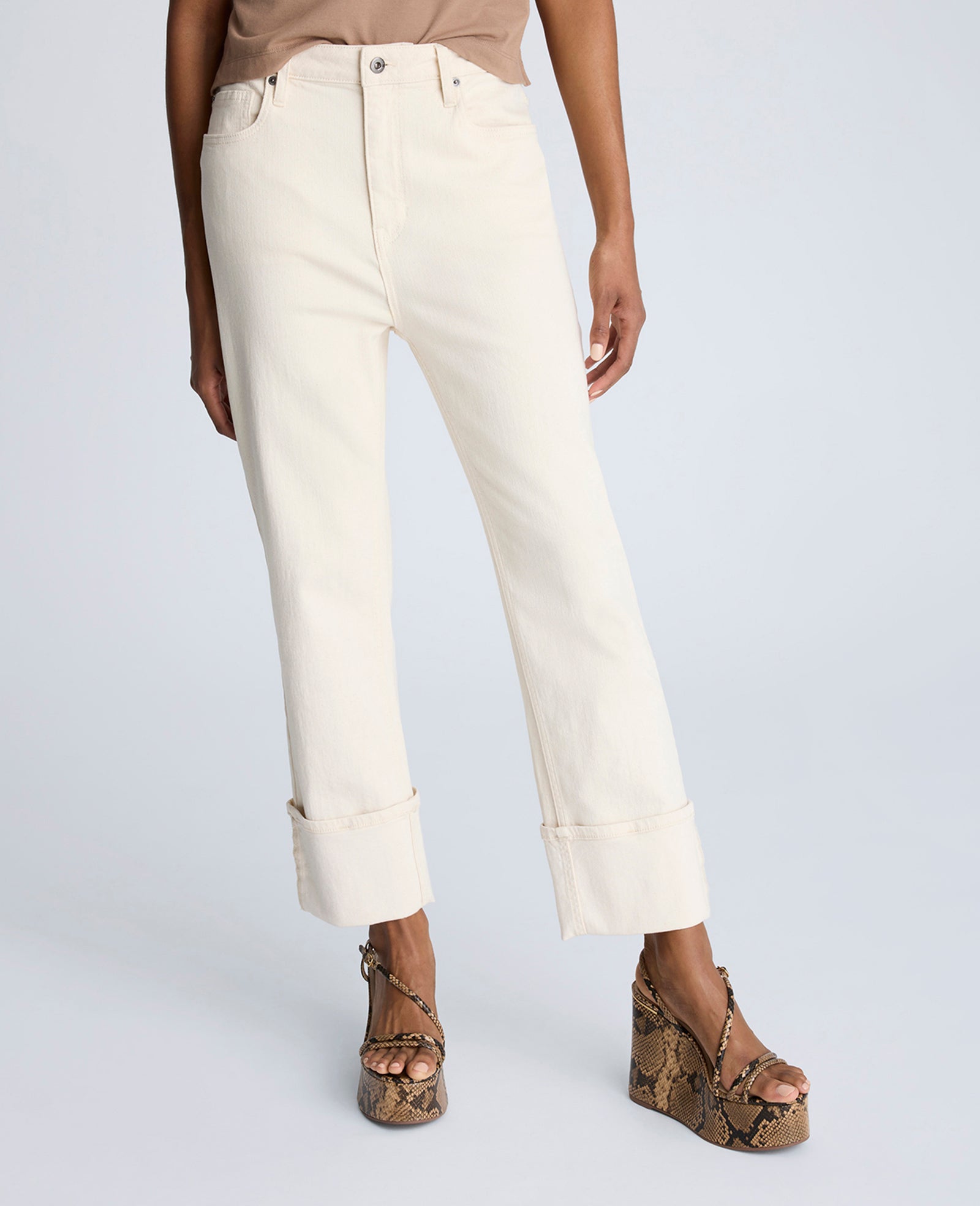 High Rise Straight Leg Wide Cuff Denim Jeans Ecru Wash