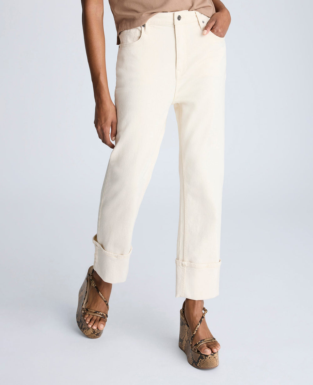 High Rise Straight Leg Wide Cuff Denim Jeans Ecru Wash