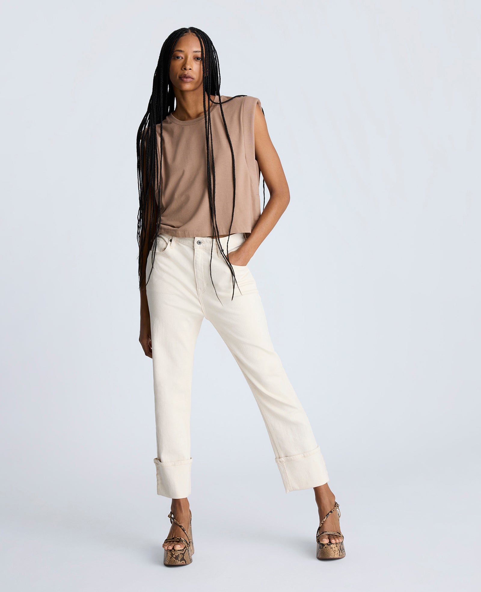 High Rise Straight Leg Wide Cuff Denim Jeans Ecru Wash