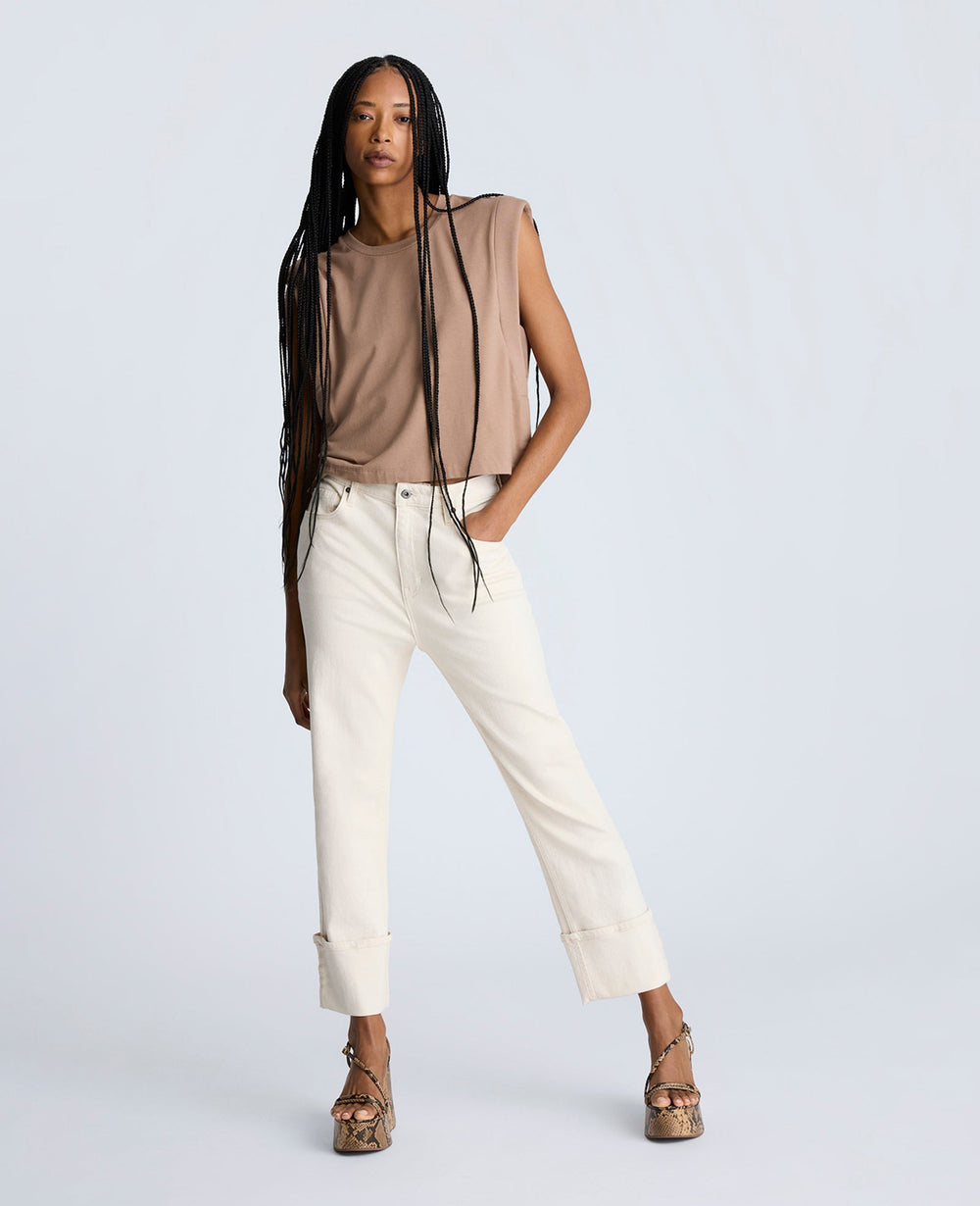 High Rise Straight Leg Wide Cuff Denim Jeans Ecru Wash