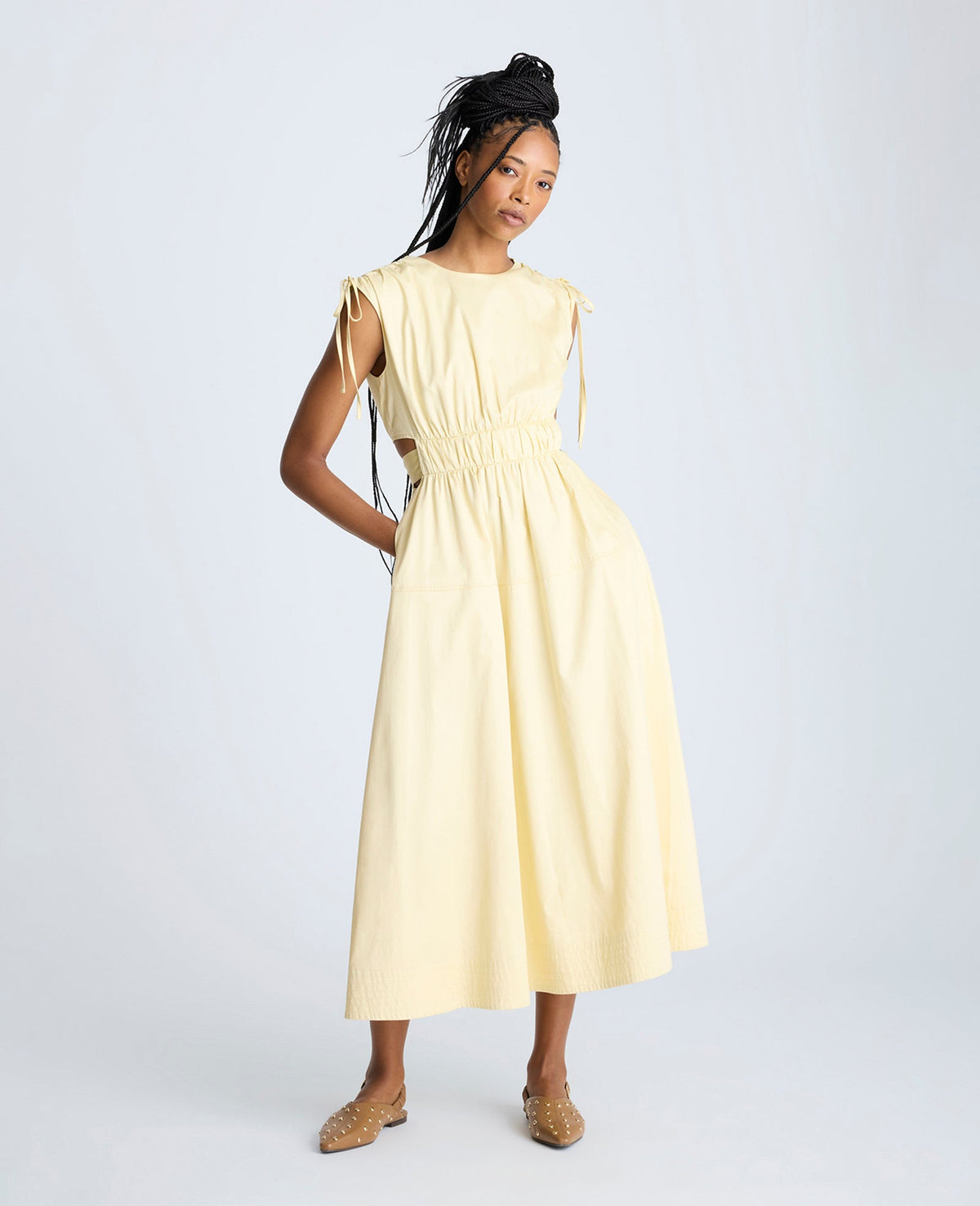 Rouched Waist Midi Dress with Tie Shoulders Papyrus
