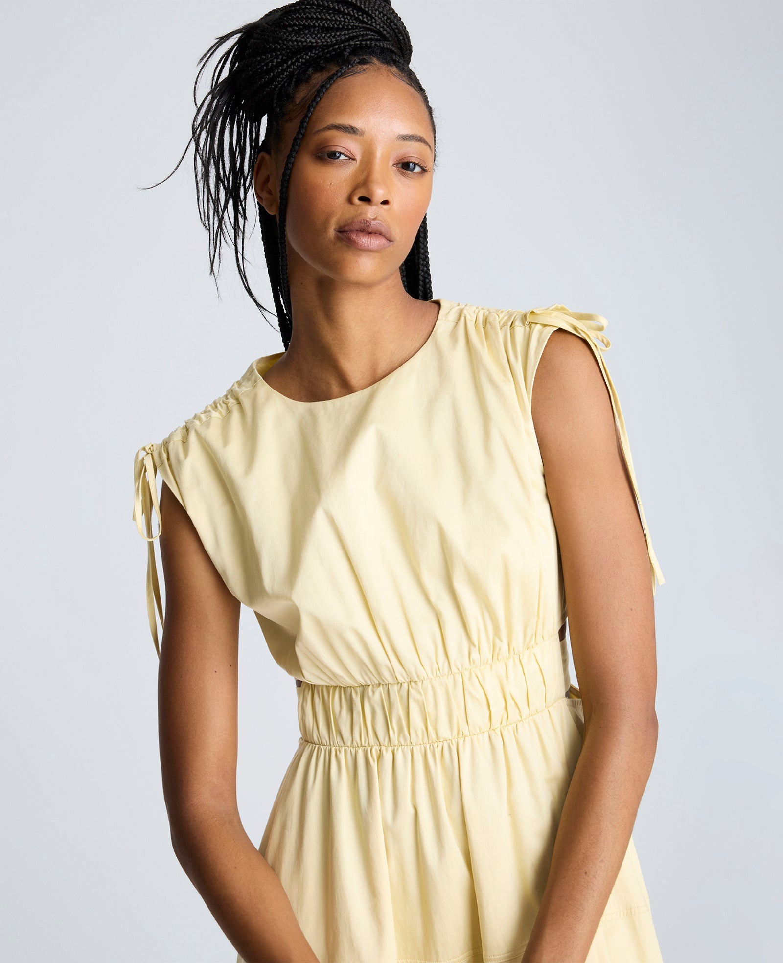 Rouched Waist Midi Dress with Tie Shoulders Papyrus
