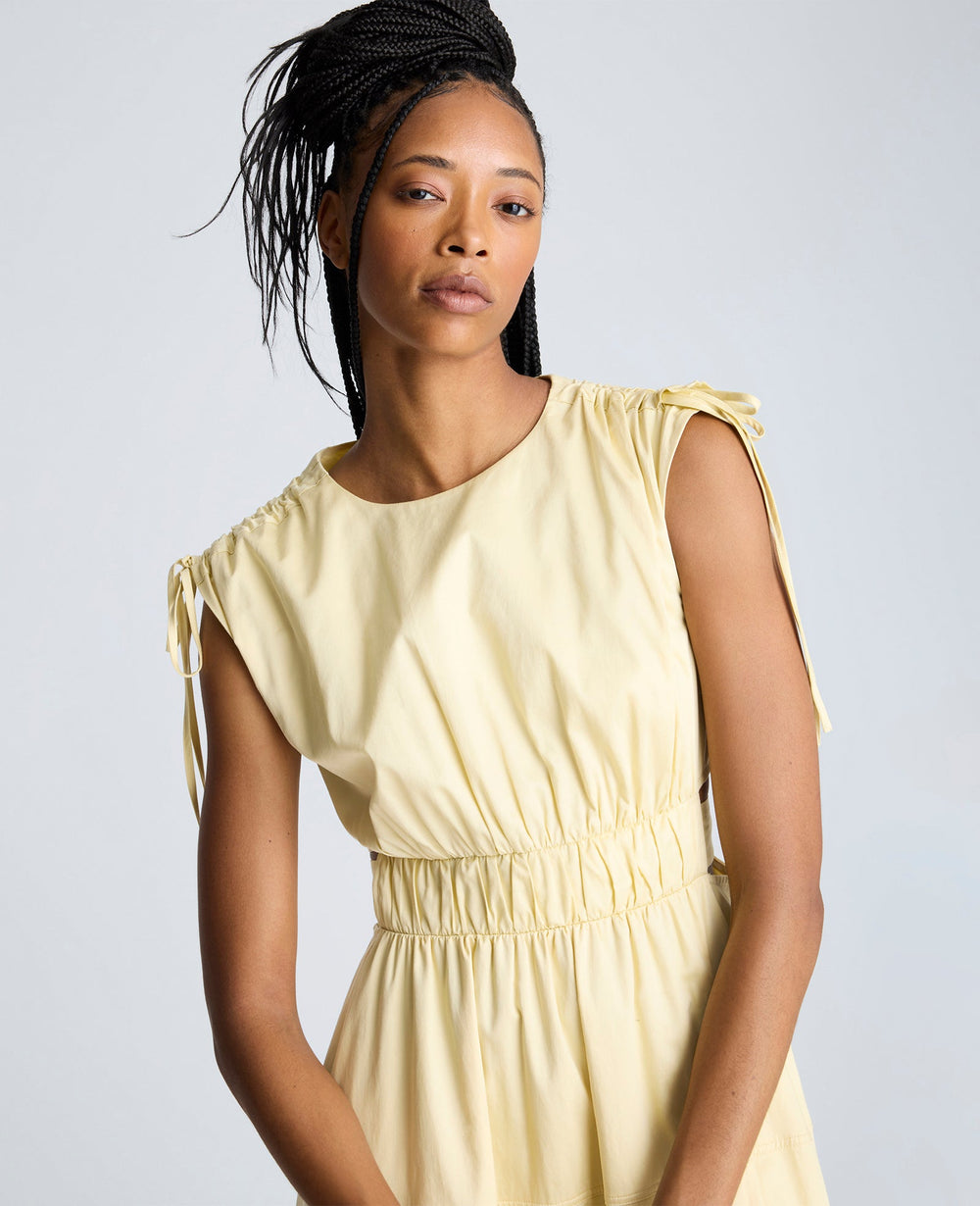 Rouched Waist Midi Dress with Tie Shoulders Papyrus
