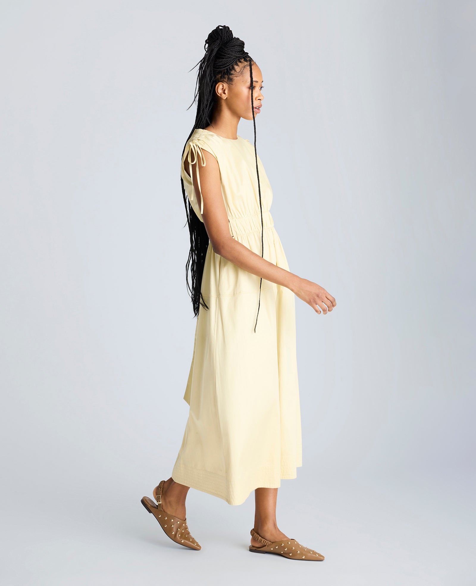 Rouched Waist Midi Dress with Tie Shoulders Papyrus