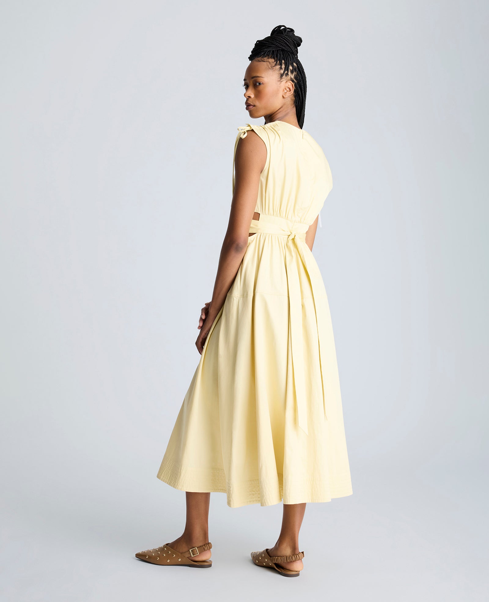 Rouched Waist Midi Dress with Tie Shoulders Papyrus